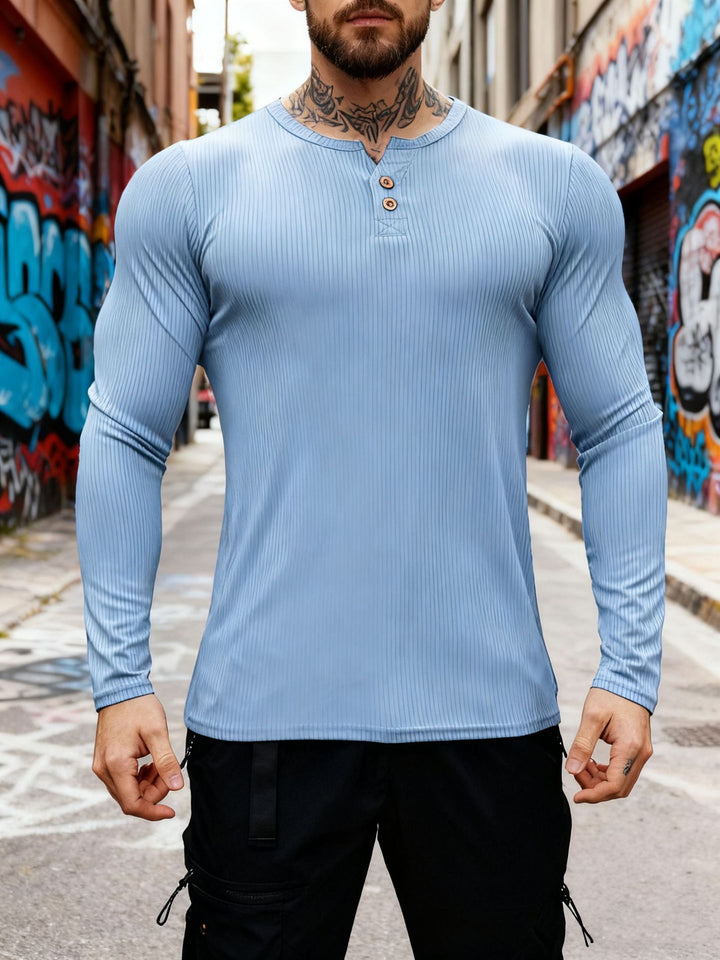 Herren nan geripptes Langarm-Henleyshirt mit flacher Knopfleiste und körperbetonter Stretch-Passform Echo Archiv