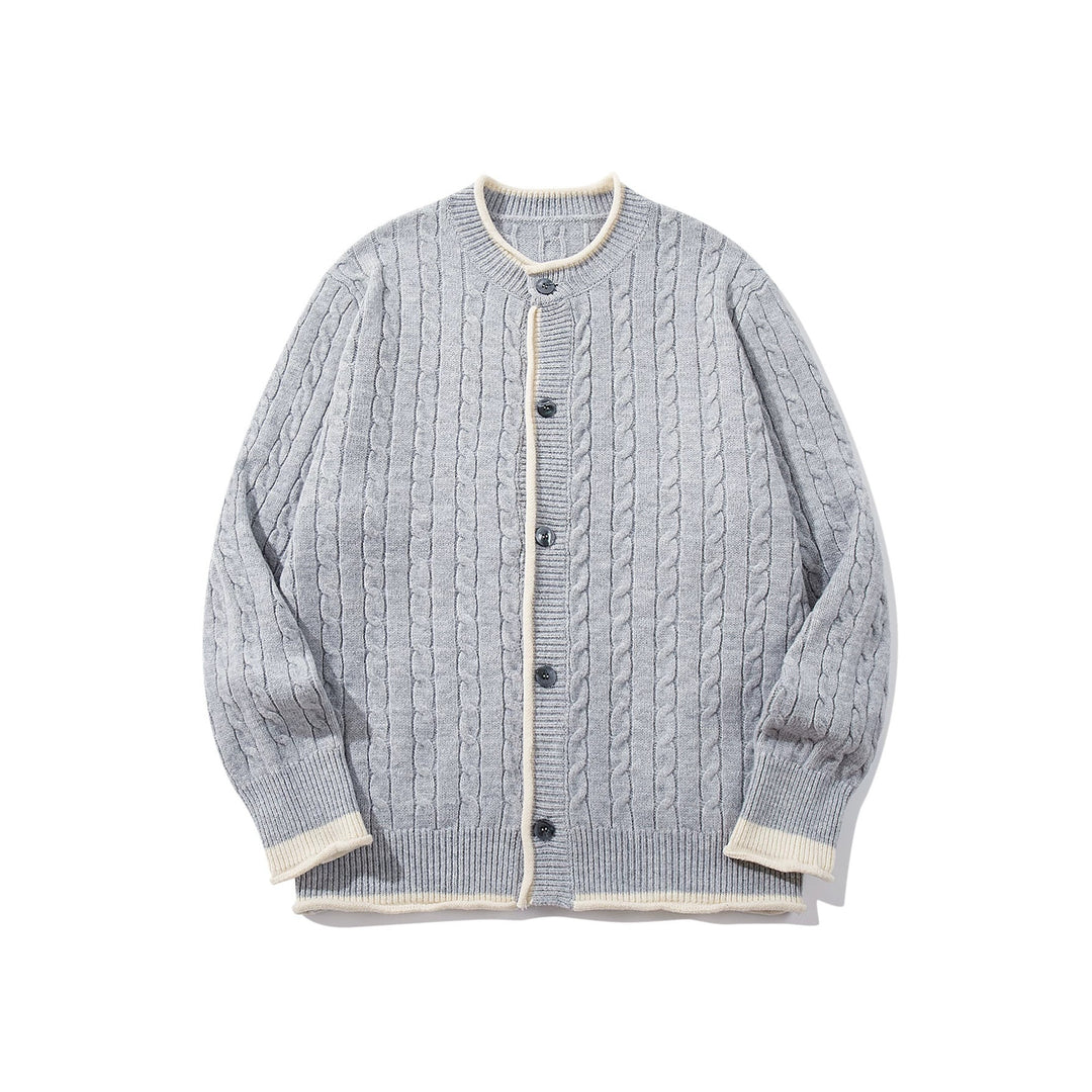 Unisex Kabelstrick-Cardigan mit Rundhals, kontrastierten Bündchen und durchgehender Knopfleiste Echoarchiv