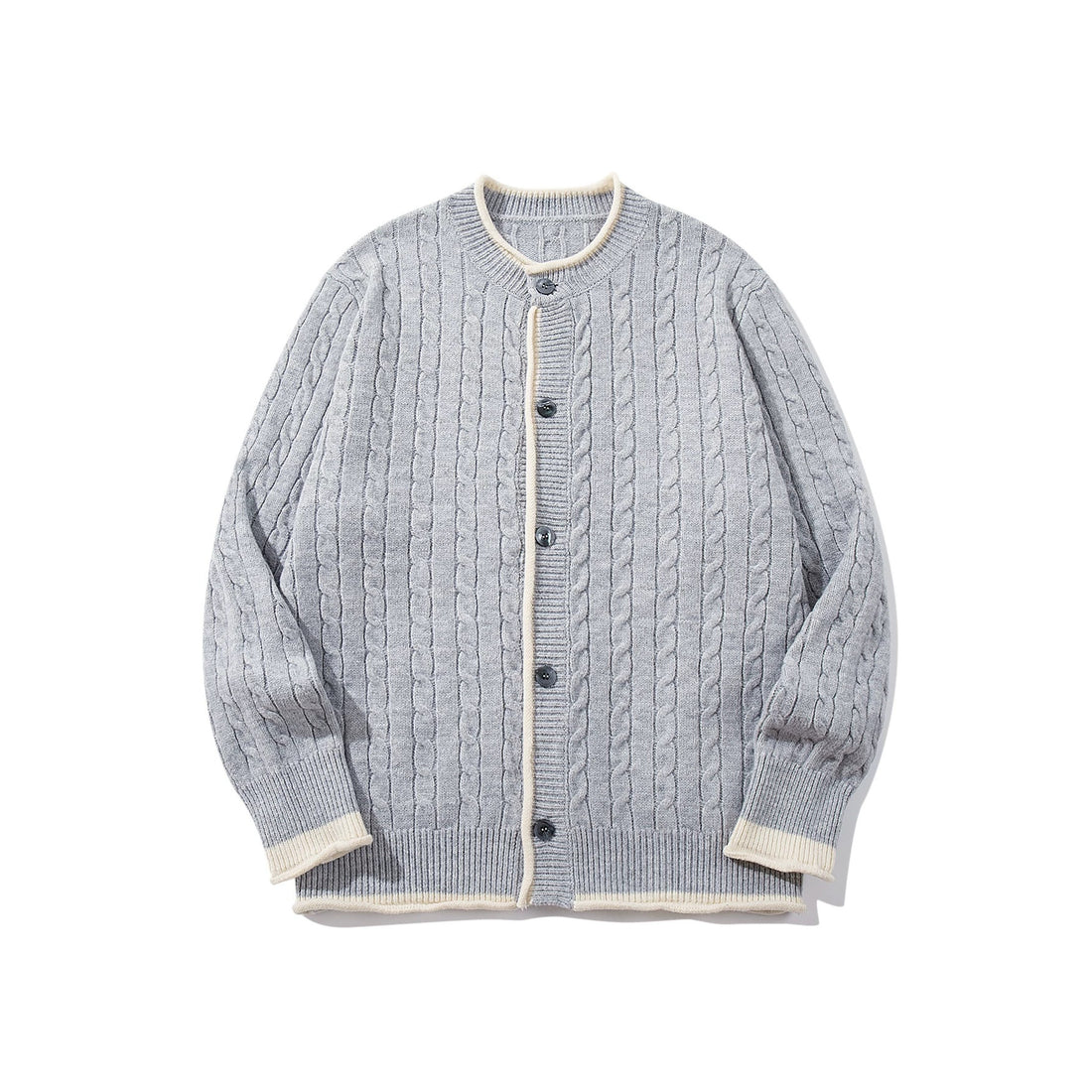 Unisex Kabelstrick-Cardigan mit Rundhals, kontrastierten Bündchen und durchgehender Knopfleiste Echoarchiv
