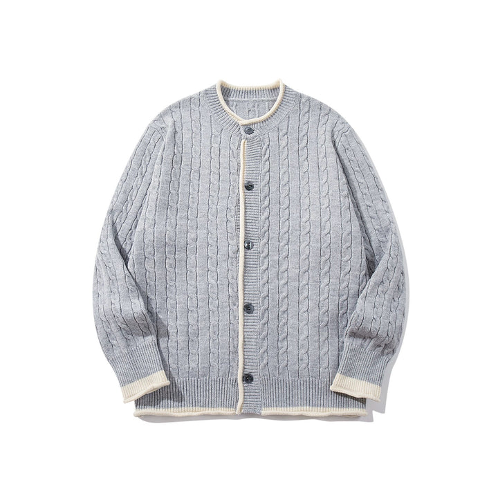 Unisex Kabelstrick-Cardigan mit Rundhals, kontrastierten Bündchen und durchgehender Knopfleiste Echoarchiv