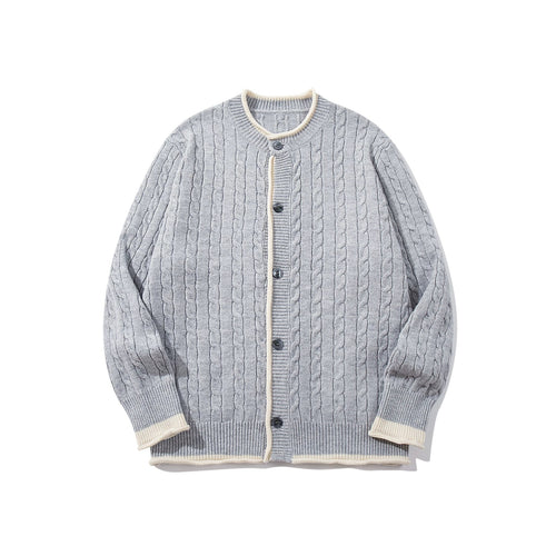 Unisex Kabelstrick-Cardigan mit Rundhals, kontrastierten Bündchen und durchgehender Knopfleiste Echoarchiv