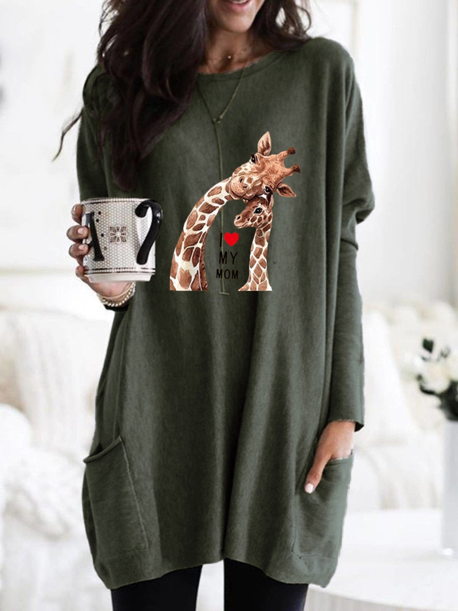 Frauen Übergroße Sweatkleid mit Giraffenmuster, Rundhalsausschnitt und Seitentaschen Echoarchiv
