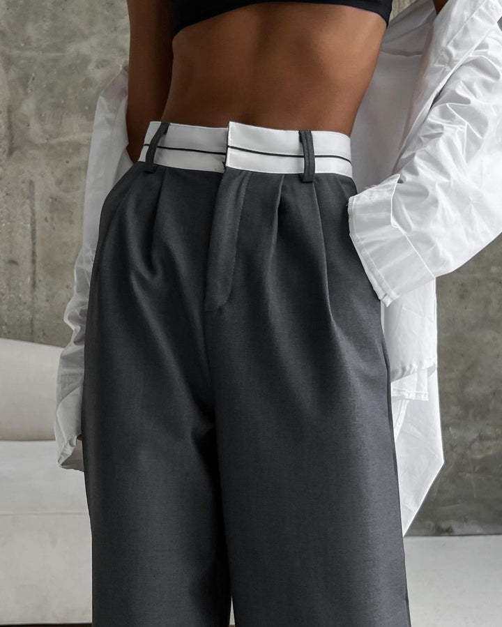 Damen Hochtaillierte weite Bundfaltenhose mit Kontrastbund Echoarchiv