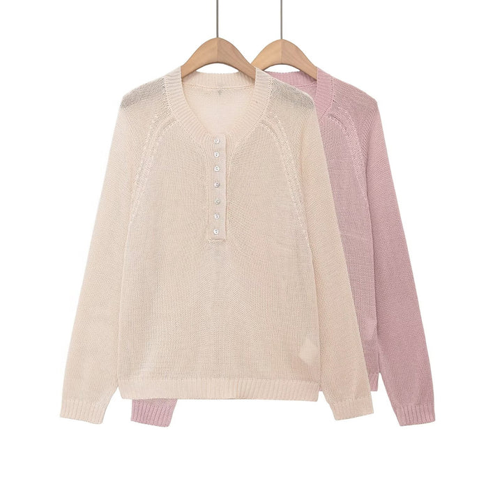 Damen nan Feinstrick-Henley-Pullover mit Knopfleiste und Raglanärmeln Echo Archiv