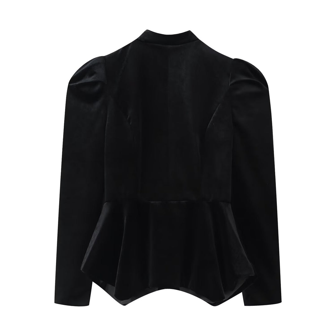 Damen Satinbluse mit Stehkragen, Puffärmeln und Peplum-Details Echo Archiv