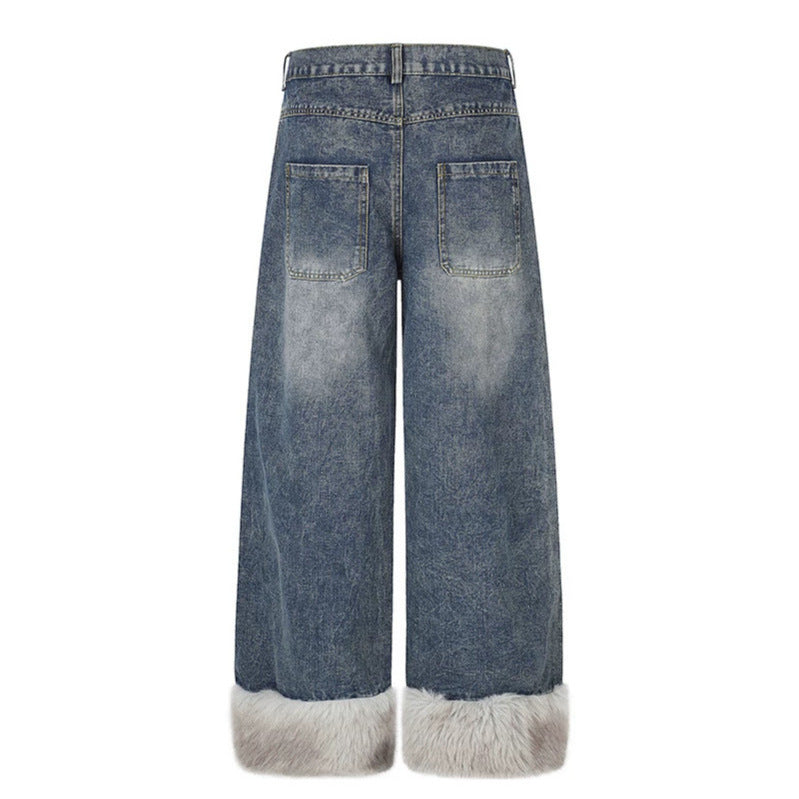 Damen weite hochgeschnittene Denim-Palazzohose mit Karopatchtasche und Kunstfellbesatz am Saum Echoarchiv
