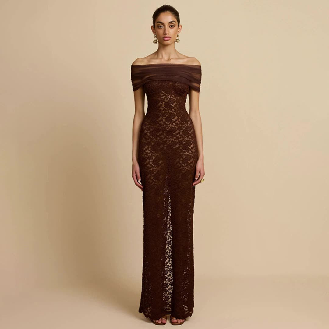 Damen Elegantes Spitzenabendkleid mit schulterfreiem Design und raffiniertem Schlitz Echo Archiv
