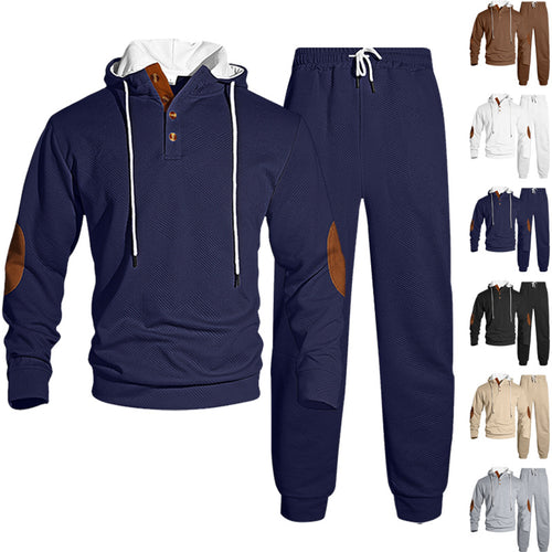 Herren nan Waffelstruktur Henley-Kapuzen-Set mit Holzknopfleiste Ellbogen-Patches und konischer Jogginghose Echo Archiv