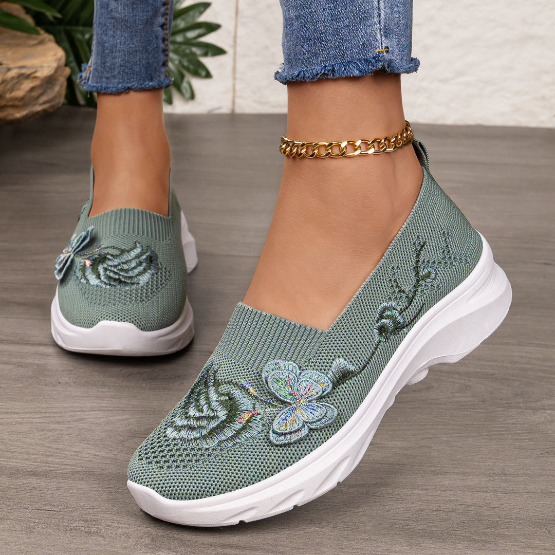 Damen nan gestrickte Slip-On Slipper mit Schmetterlings-Stickapplikation und dämpfender EVA-Plateausohle Echo Archiv