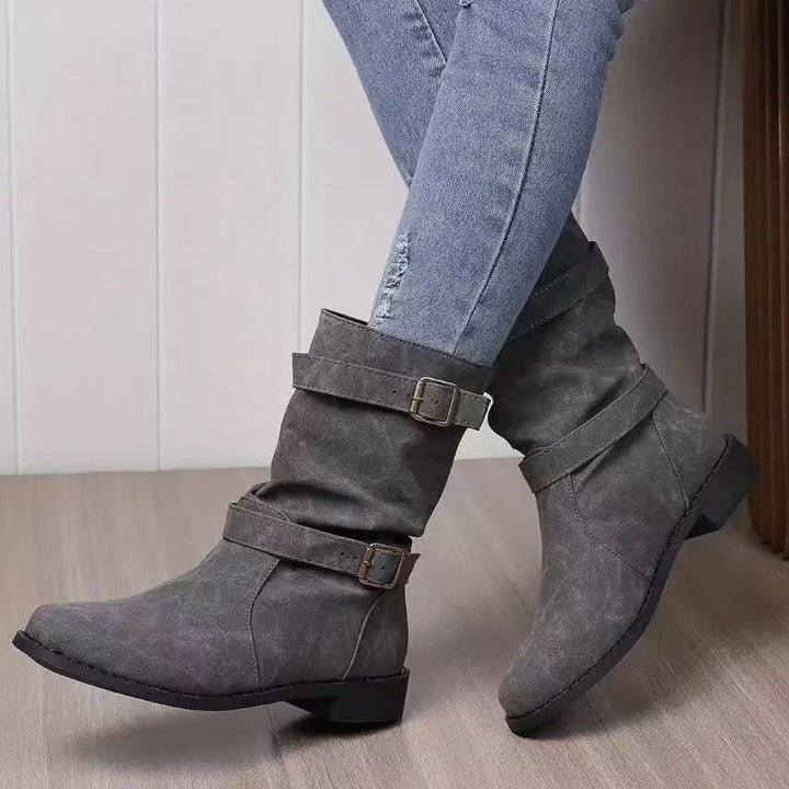 Damen Lässige Slouch-Stiefel mit verstellbaren Zierschnallen, flacher Profilsohle und weichem Kunstleder Echo Archiv