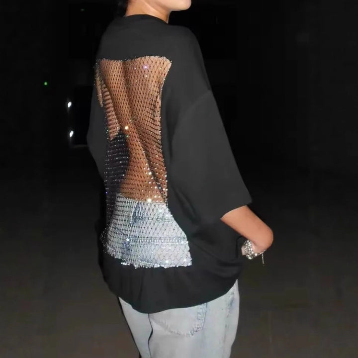 Damen nan Oversize-T-Shirt mit transparentem Netzrücken, Strassbesatz und Jeans-Print Echo Archiv