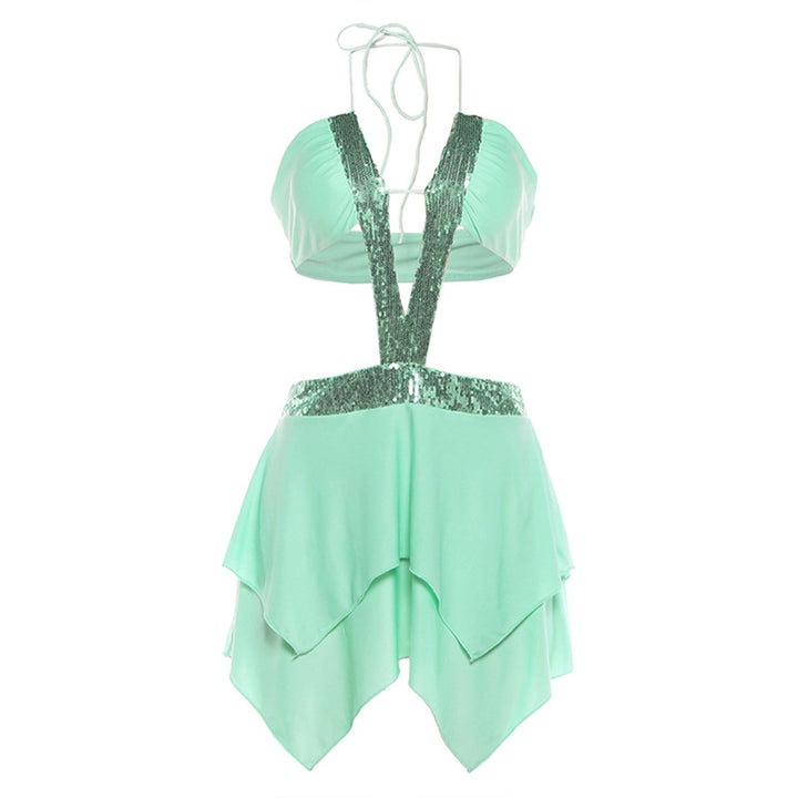 Damen schulterfreies Kleid mit funkelnden Pailletten und schwingendem Rock Echo Archiv