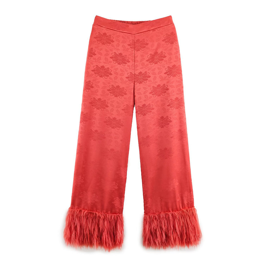 Damen Kimono-Wickelbluse aus Jacquard mit Federrüschensäumen Echo Archiv