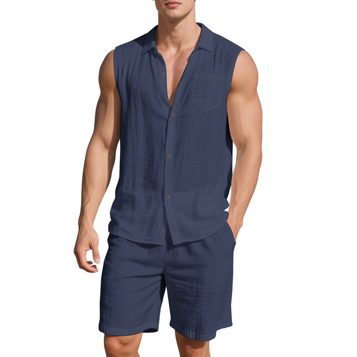Herren lässiges Sommer-Outfit mit Hemd ohne Ärmel und Shorts Echoarchiv