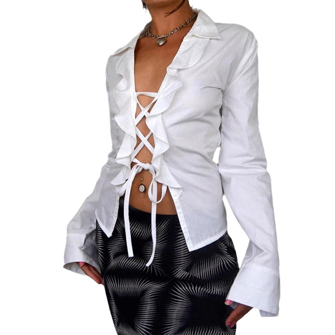 Damen Bluse mit voluminösem Rüschendesign und taillierbarem Schnitt Echo Archiv