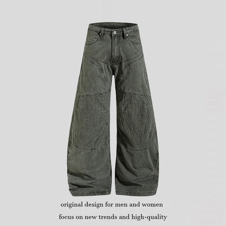 Damen Hochtaillierte weite Denim‑Culottehose mit verstärkten Rippen‑Kniepaneelen und Patch‑Stitching Echoarchiv