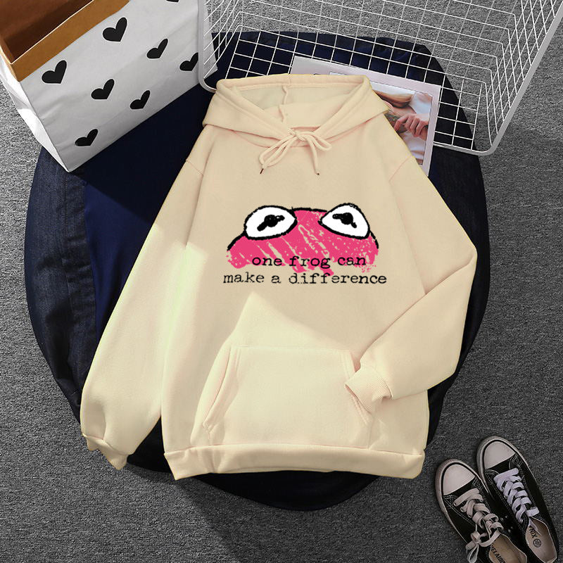 Damen relaxed-fit Kapuzenpullover mit gestempelter Froschgrafik, Kängurutasche und Kordelzug – Auréline