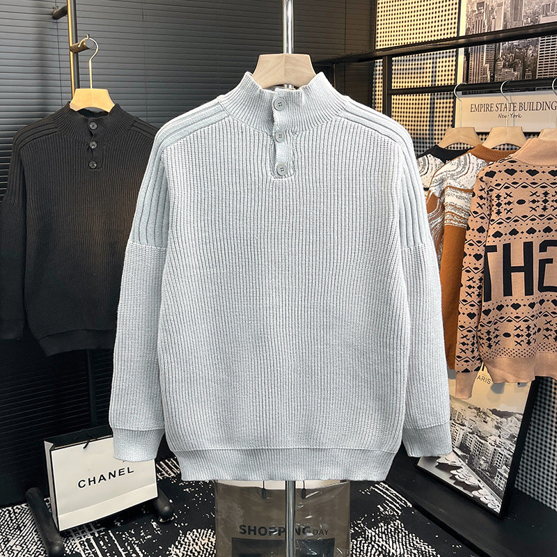 Herren Grobstrick-Pullover mit halber Knopfleiste und hohem Stehkragen Echoarchiv