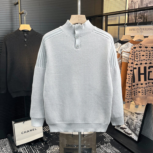 Herren Grobstrick-Pullover mit halber Knopfleiste und hohem Stehkragen Echoarchiv