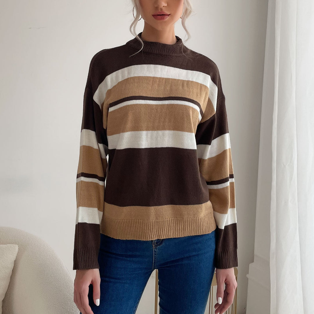 Damen Gestreifter Feinstrick-Pullover mit Stehkragen Echoarchiv
