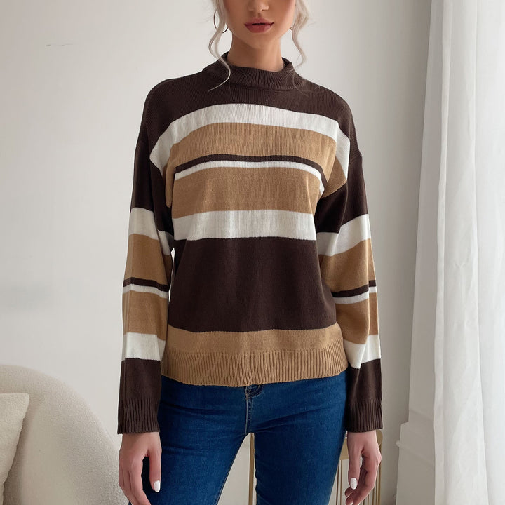 Damen Gestreifter Feinstrick-Pullover mit Stehkragen Echoarchiv
