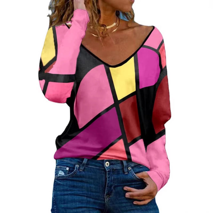 Damen Loose V-Ausschnitt Langarmshirt mit geometrischem Blockdruck und Oversized Passform – Avérine