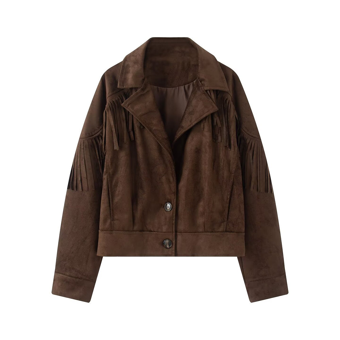 Damen Kurzjacke im Wildleder‑Look mit Fransenbesatz und Hemdkragen Echoarchiv