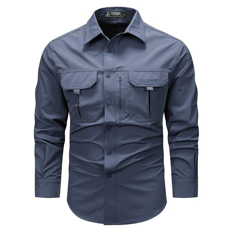 Men's technical long-sleeve utility shirt with dual flap chest pockets and concealed zip utility pocket – Arvello