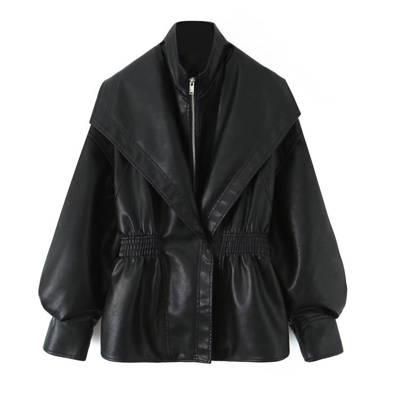 Damen Kunstlederjacke mit weitem Schalkragen und gerafftem Taillenbund Echo Archiv