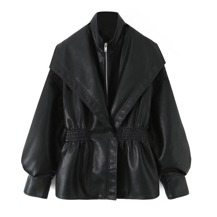 Damen Kunstlederjacke mit weitem Schalkragen und gerafftem Taillenbund Echo Archiv
