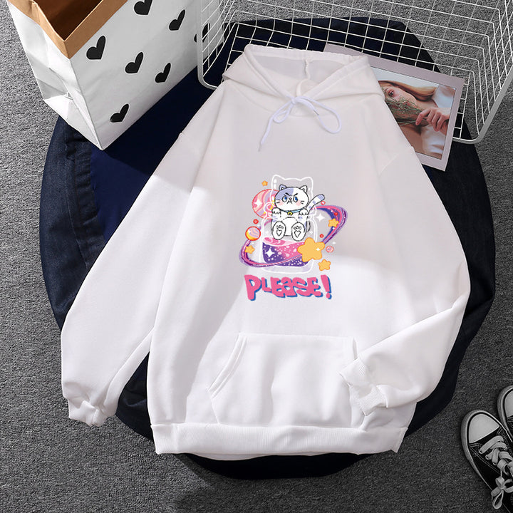 Damen oversized Kapuzenpullover im Streetstyle mit weichem Fleece-Innenfutter, Kängurutasche und farbenfrohem Cartoon-Katzen-Planet-Print – Auréline