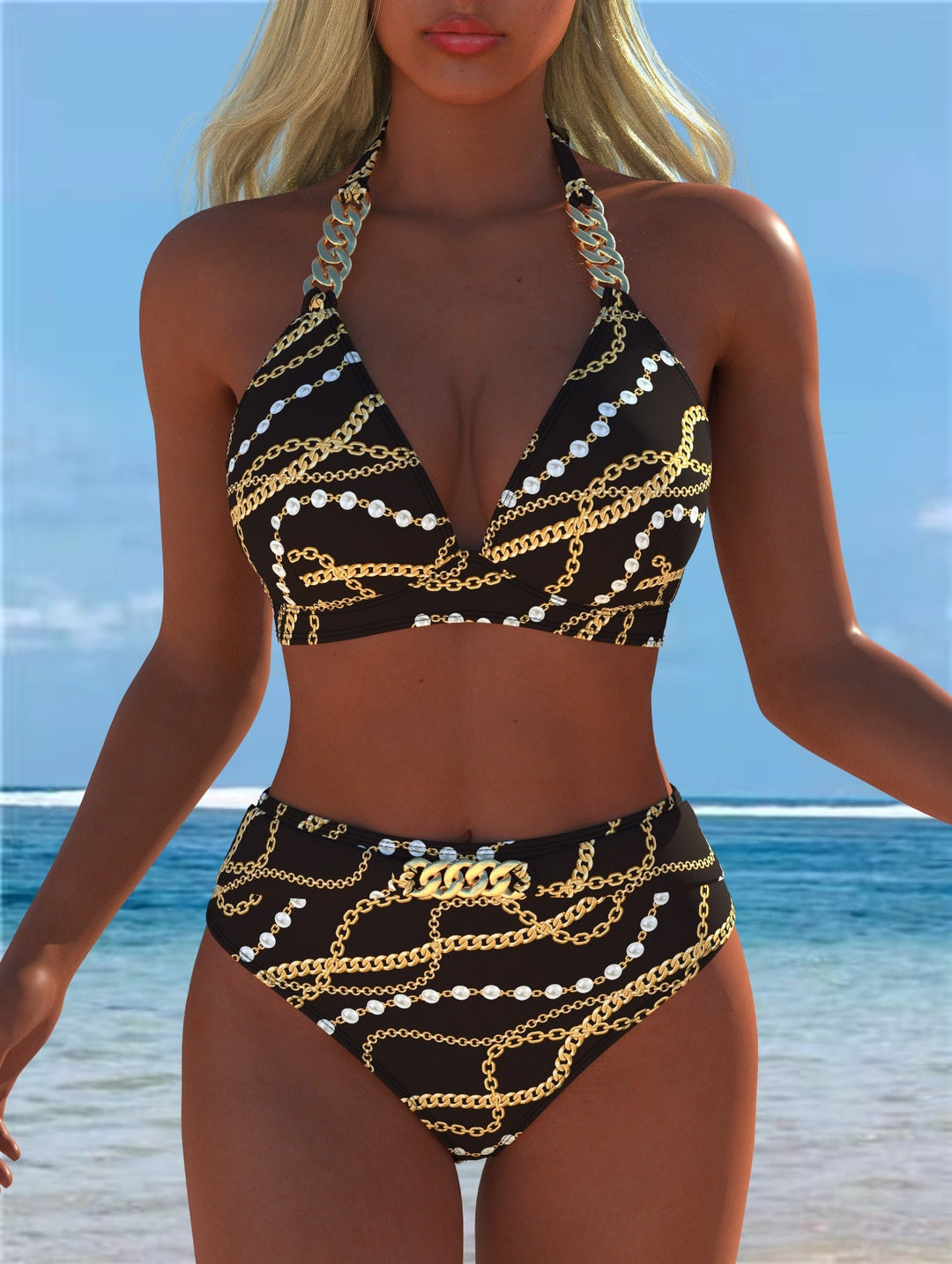 Damen Bikini mit luxuriösem Marmormuster und edlen Details Echoarchiv