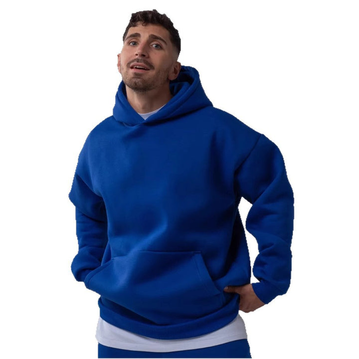 Herren schwerer Fleece-Boxy-Hoodie mit tiefem Schulterfall verstärkter Kapuze und Kängurutasche – Cavarno