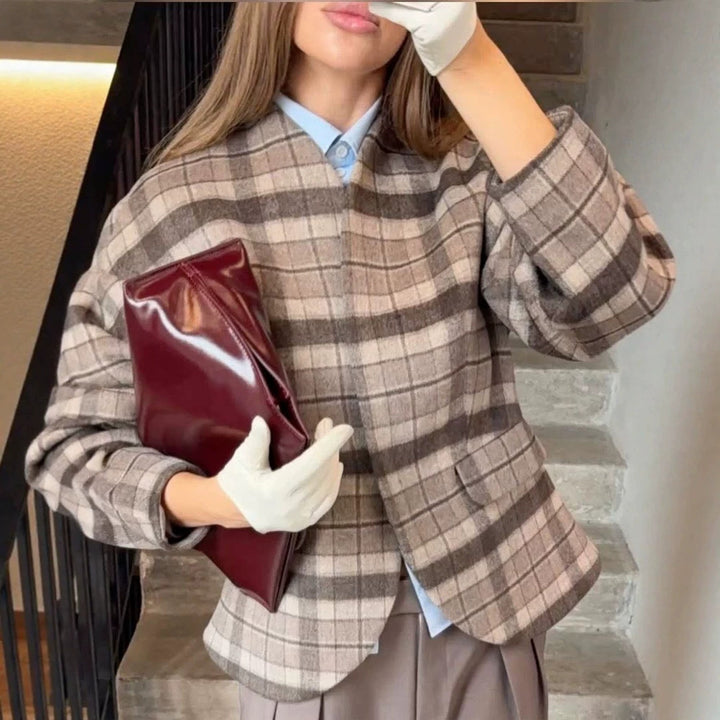 Damen Karierter Boxy‑Blazer mit voluminösen Ballonärmeln Echoarchiv