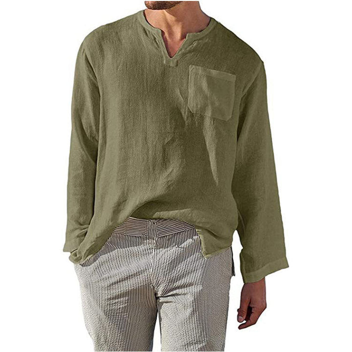 Herren Leinen Langarmshirt mit Henley-Ausschnitt und Brusttasche Echoarchiv
