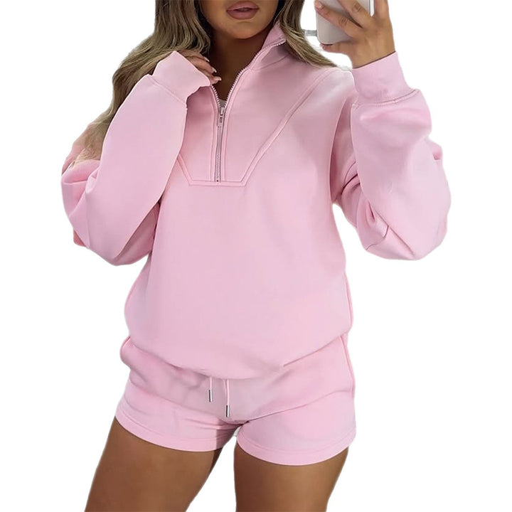 Damen nan lässiges Sweatshirt-Set mit halbem Reißverschluss, Kängurutasche und High-Waist-Shorts Echo Archiv