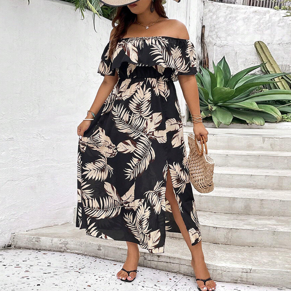 Damen Off-Shoulder Maxikleid mit raffinierten Rüschen und seitlichem Schlitz Echo Archiv