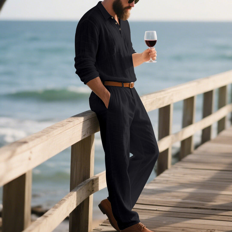 Herren eleganter Freizeit-Jumpsuit mit praktischen Taschen und stylischem Henley-Ausschnitt Echoarchiv