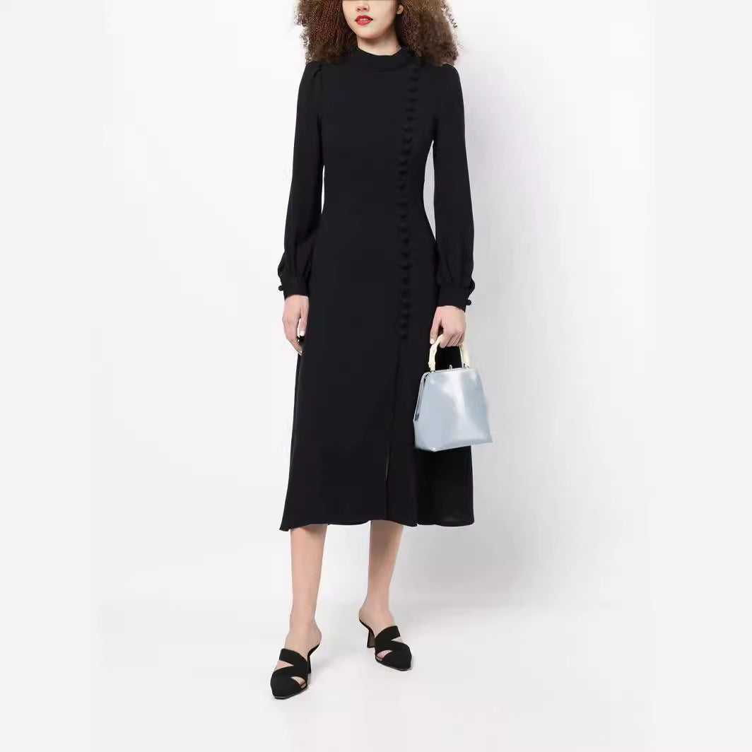 Damen Midikleid im Vintage‑Look mit hochgeschlossenem Kragen, asymmetrischer Zierknopfleiste und Frontschlitz Echoarchiv