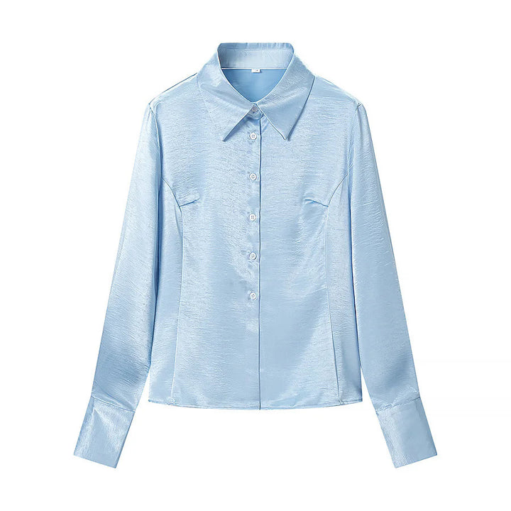 Damen glänzende Satinbluse mit Hemdkragen und taillierten Abnähern – Élovi