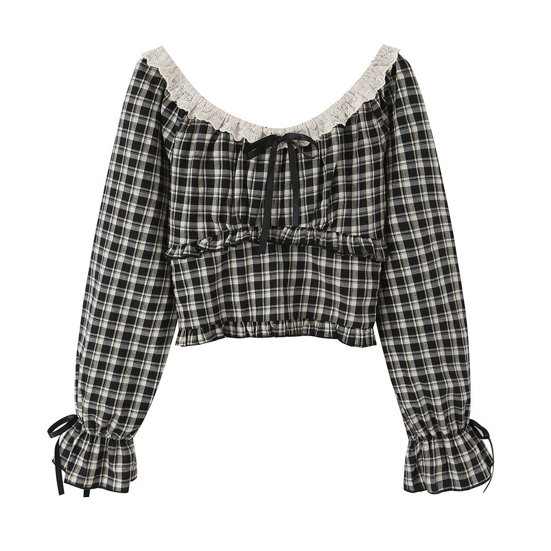 Damen Schulterfreies Karo-Cropped-Top mit Spitzenbesatz, geraffter Taille und Bindebändern Echoarchiv