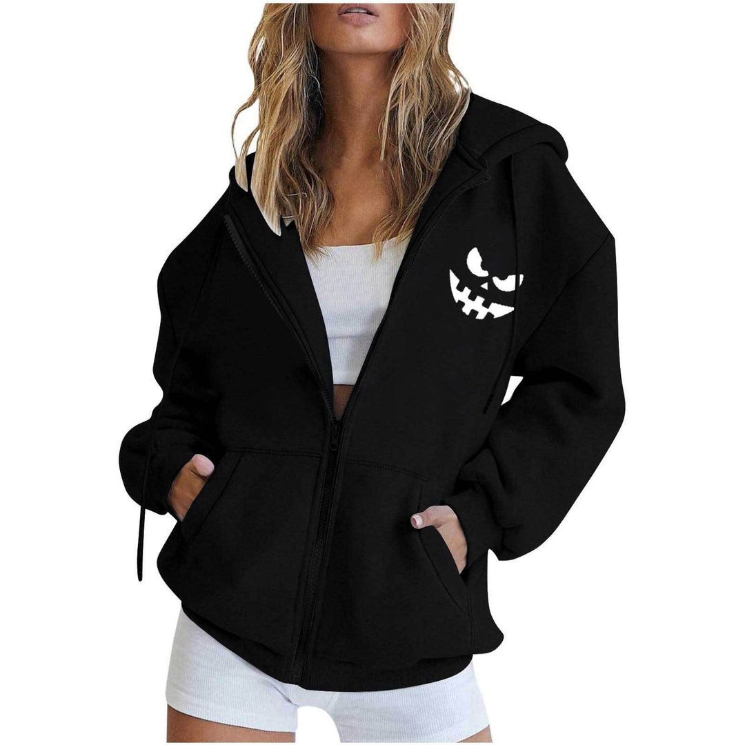 Damen oversized Kapuzenjacke mit Frontreißverschluss, Kängurutaschen und stilisiertem Sonnenblumenprint – Auréline
