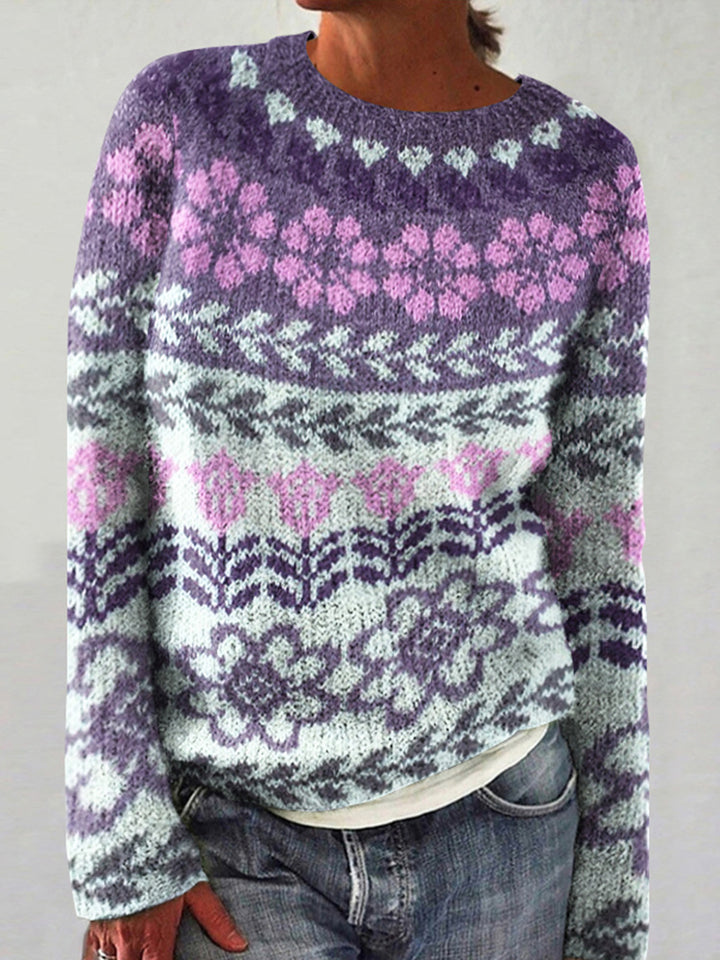 Damen nan melierter Rundhalsausschnittpullover mit kreisförmigem Jacquard-Yoke und geripptem Saum Echo Archiv