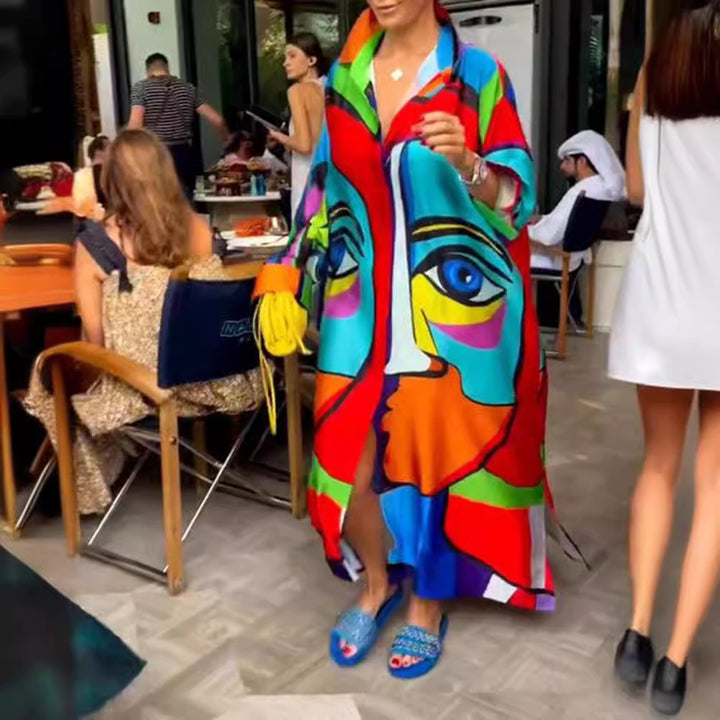 Damen nan Oversize-Hemdkaftan mit abstraktem Portraitprint und Hemdkragen Echo Archiv