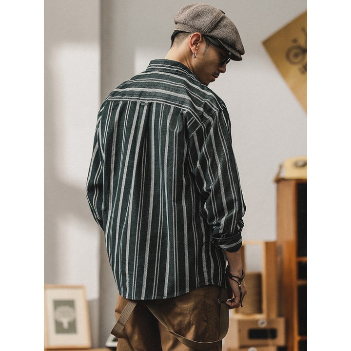 Herren Gestreiftes Overshirt-Hemd aus Baumwoll-Leinen mit Brusttaschen Echoarchiv