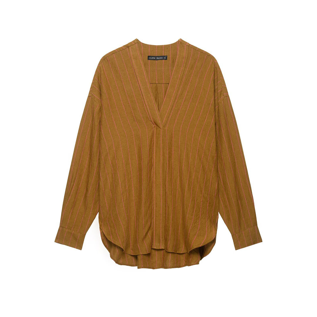 Damen Oversize Streifenbluse mit tiefem V‑Ausschnitt und gerundetem Saum Echo Archiv
