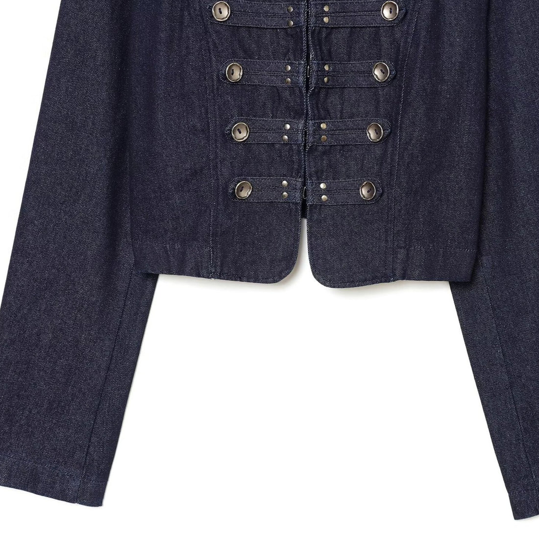 Damen Cropped Denim Militärjacke mit Stehkragen und dekorativer Zierknopfleiste Echo Archiv