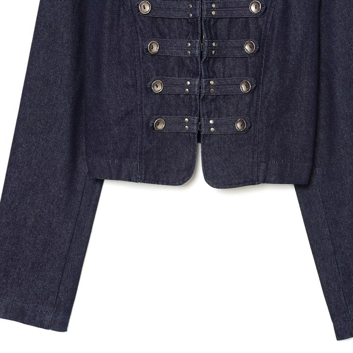 Damen Cropped Denim Militärjacke mit Stehkragen und dekorativer Zierknopfleiste Echo Archiv