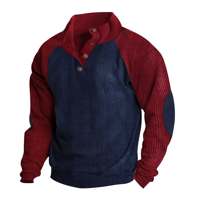Herren Strukturiertes Raglan-Henley-Pullover mit Stehkragen, Ellenbogenpatches & Knopfleiste – Norvane