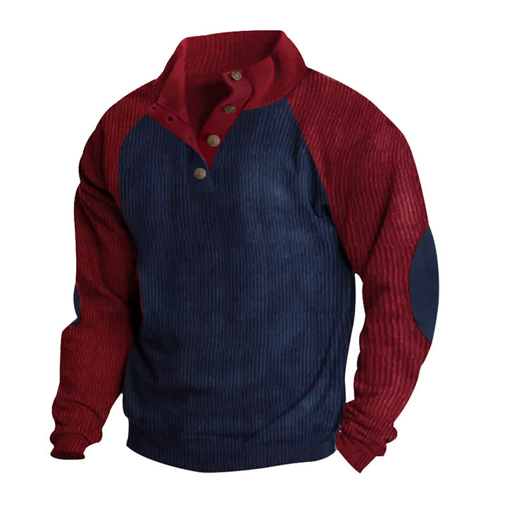 Herren Strukturiertes Raglan-Henley-Pullover mit Stehkragen, Ellenbogenpatches & Knopfleiste – Norvane